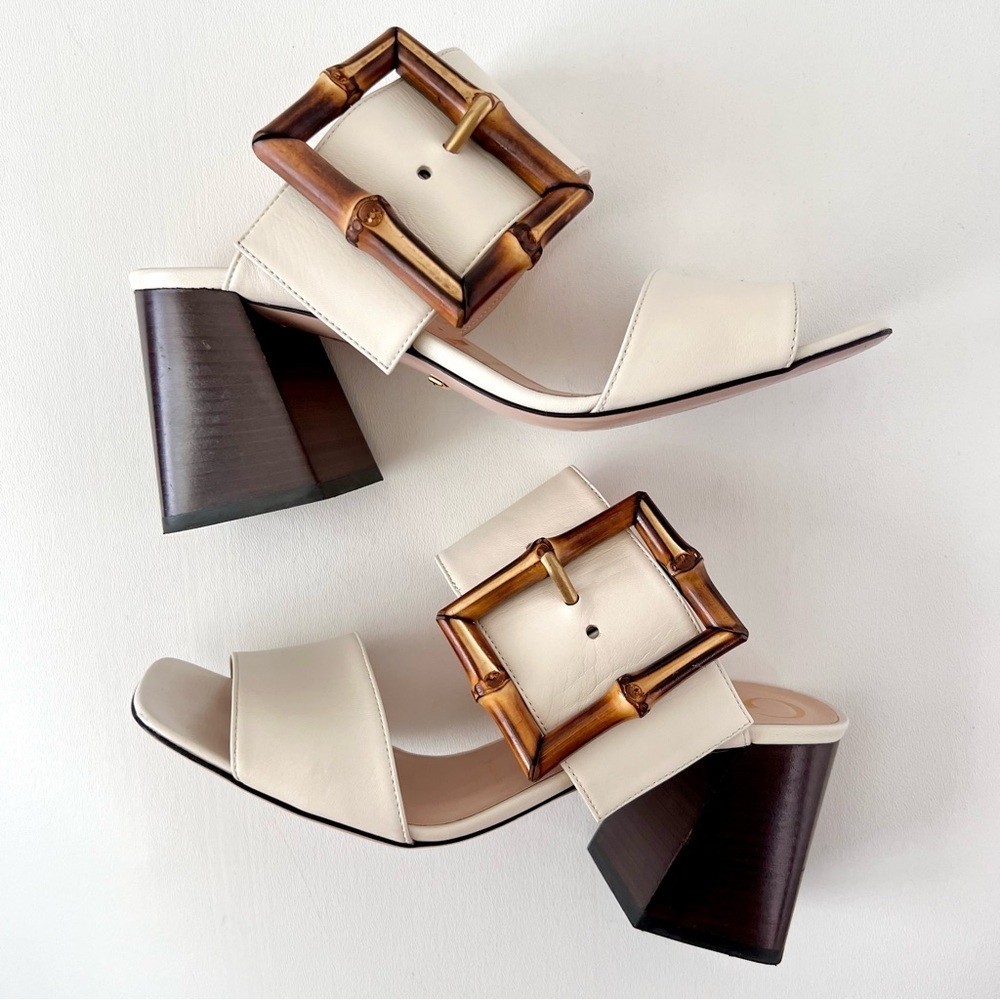 GUCCI || Bamboo Buckle Mule Sandals White Leather Block Heel EU 37 - Picture 13 of 16